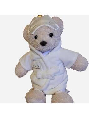 FAO Schwarz white teddy bear stuffed animal plush with robe and sleep mask